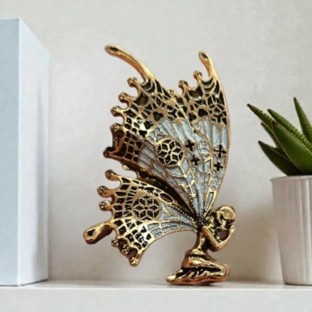 Gold Fairy Brooch Enamel Filigree Wings Fantasy Whimsical Gothic Statement Pin